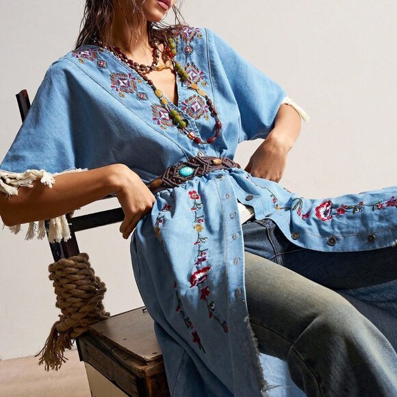 Blue Western Boho Women's Embroidered Casual Dress - Picture 3 of 8